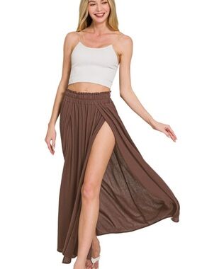 Zenana Woven Crinkle Gauze High Slit Maxi Skirt, Brown
